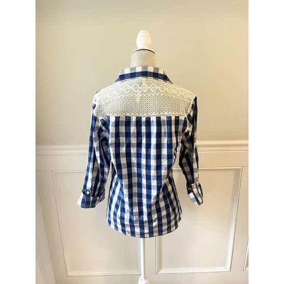 Overdrive Womens Navy & White Gingham Blouse L Crochet Lace - Picture 3 of 5